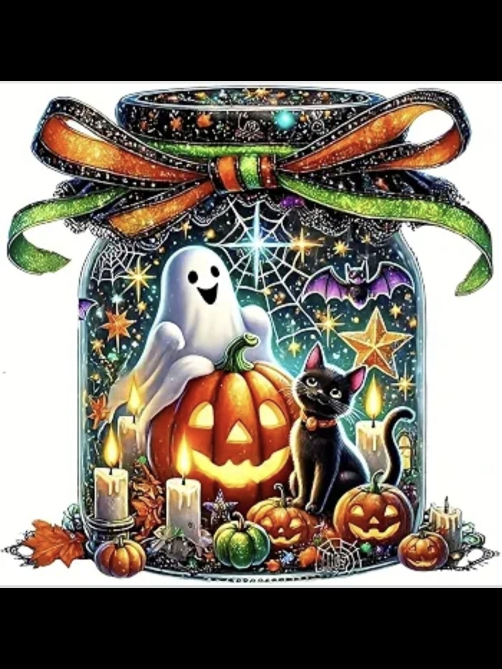 Whimsical Halloween Mason Jar Ghost Bat Cat Diamond Painting Kit New